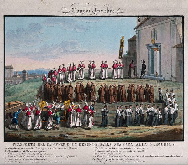 A funeral procession following a deceased bishop layed out on a bier into a parish hall. Coloured etching by F. Ferrari, 1820.