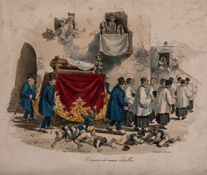 view A funeral procession carrying the corpse of an unmarried girl layed out on a bier through a village. Coloured lithograph by Gatti and G. Dura after G. Dura, 1851.