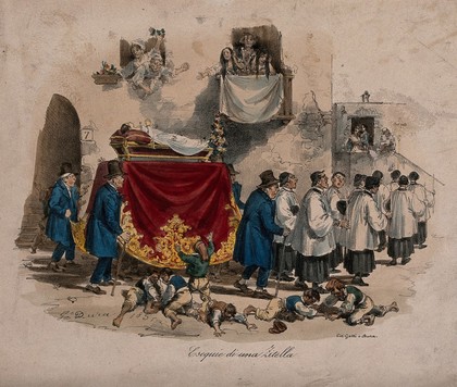 A funeral procession carrying the corpse of an unmarried girl layed out on a bier through a village. Coloured lithograph by Gatti and G. Dura after G. Dura, 1851.