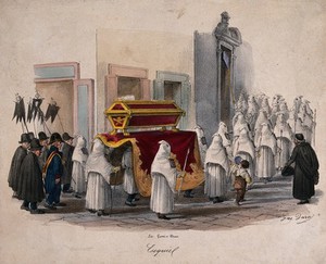 view Members of different brotherhoods carrying a coffin during a procession. Coloured lithograph by Gatti and G. Dura after G. Dura.