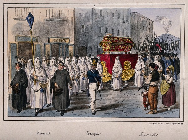 Members of different brotherhoods carrying a coffin during a procession. Coloured lithograph by Gatti and G. Dura after G. Dura.