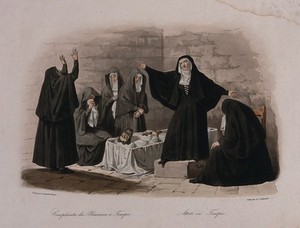 view Nuns and mourning women lamenting the death of a man laid out in an open coffin. Coloured stipple engraving by A.J. Lallemand after F. Gonin after Cominotti.