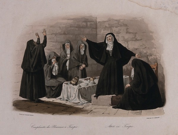 Nuns and mourning women lamenting the death of a man laid out in an open coffin. Coloured stipple engraving by A.J. Lallemand after F. Gonin after Cominotti.