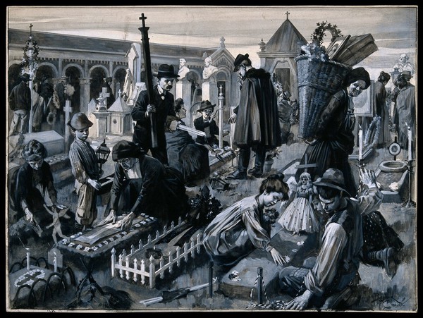 People decorating the graves of their relatives in a cemetery in Italy for the celebration of All Souls. Gouache painting by Reginald Cleaver.