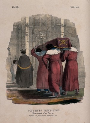 view Four pallbearers in Mexican dress carrying a coffin behind a priest into a church. Coloured lithograph.