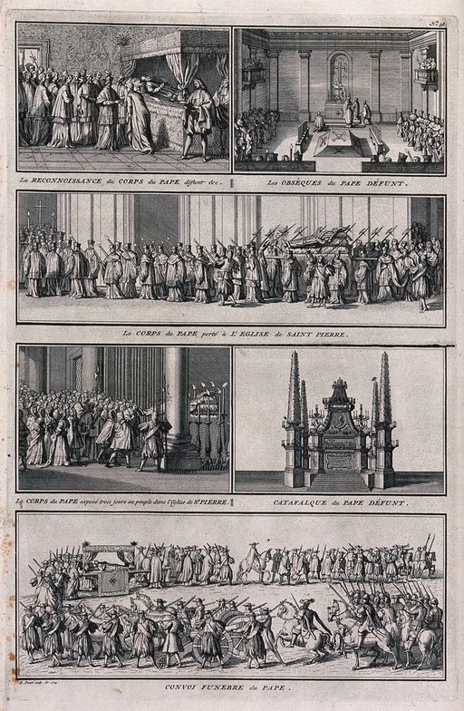 Various rites and cermonies for the burial of a pope, including the catafalque during the funeral and the funeral procession. Engraving by B Picart, 1724.
