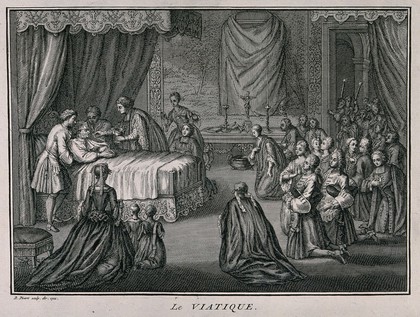 A priest administering the Eucharist to a dying man. Engraving by B. Picart, 1722.