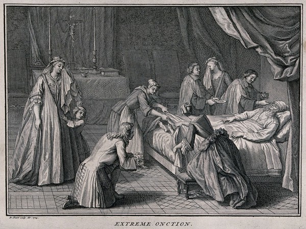 A priest administering extreme unction to a dying man in a bedchamber with a makeshift altar. Etching by B. Picart, 1724.