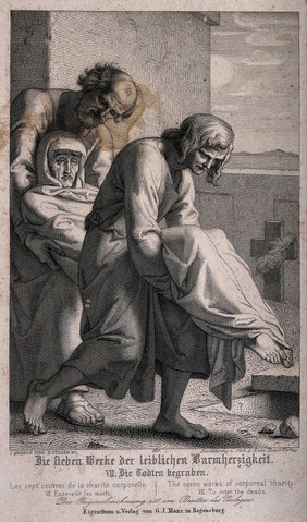 Two men burying the dead as part of the seven works of corporeal charity. Line engraving with etching by H. Nüsser after J. Kehren.