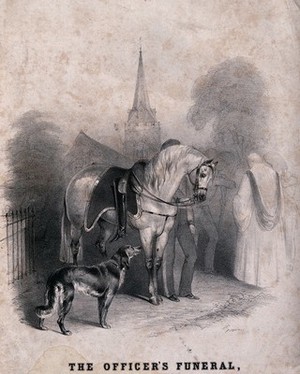 view A dog and a horse attending the funeral of their master, an officer in the army. Lithograph.