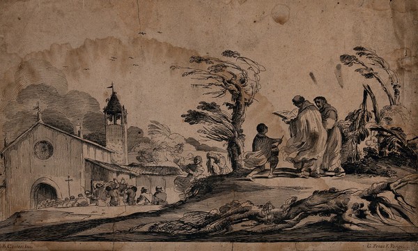 Two priests and their server follow a funeral procession carrying an open coffin into a church. Etching by J. Pesne after G.F. Barbieri, il Guercino.