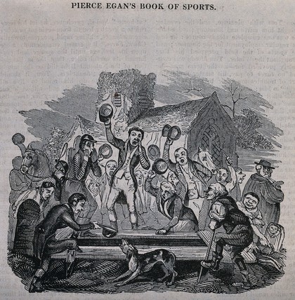 The funeral of Tom Moody, a huntsman: members of the hunt cry "View-halloo" and "Tally-ho!" over his grave. Wood engraving after R. Seymour, 1831.