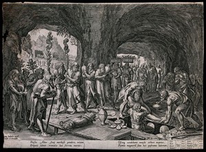 view The burial of Adam: Adam is wrapped in linen sheets and lowered into the grave while a large crowd of mourners is looking on. Engraving by Jan Sadeler after M. de Vos.