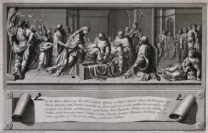 The burial of Saint Dominic in Bologna in 1221: friars placing the corpse of Saint Dominic into a coffin in the presence of Cardinal Ugolinus. Line engraving by T. Wier and A. Tendi after a marble relief by C. Bianconi and J-B. Boudard.