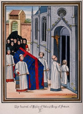 The funeral procession of King Philip of Valois, King of France, in 1350. Coloured lithograph, 1845.