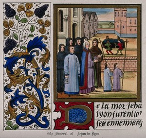 view The funeral procession of John of Lyon. Coloured lithograph.