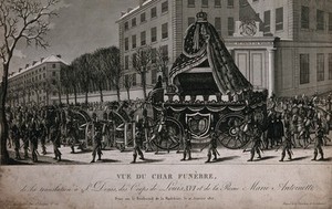 view The transfer of the coffins of King Louis XVI of France and his wife, Queen Marie Antoinette, to the church St. Denis in Paris on 21 January 1815. Etching with engraving, 1815.