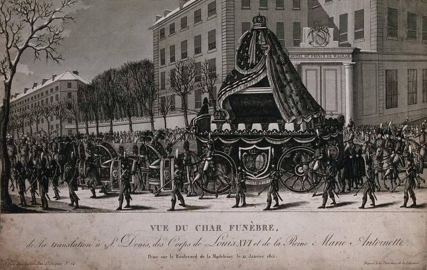 The transfer of the coffins of King Louis XVI of France and his wife, Queen Marie Antoinette, to the church St. Denis in Paris on 21 January 1815. Etching with engraving, 1815.
