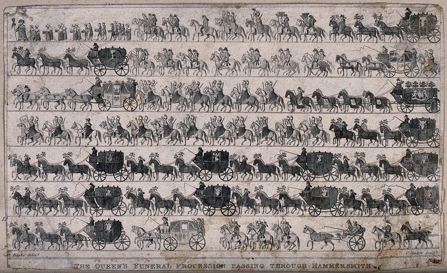Funeral procession of a queen passing through Hammersmith in London. Etching with engraving by C. Canton after R. Banks.