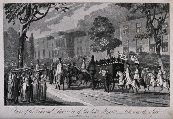The funeral procession of Queen Caroline, consort of King George IV. Aquatint, 1821.