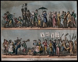 view The funeral procession of Tom and Jerry, the mourners including gamblers, pugilists and down-and-outs. Coloured aquatint by G. Cruikshank, 1823.