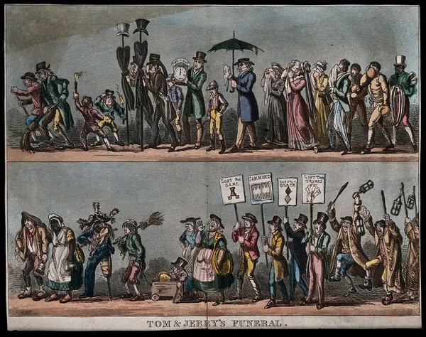The funeral procession of Tom and Jerry, the mourners including gamblers, pugilists and down-and-outs. Coloured aquatint by G. Cruikshank, 1823.