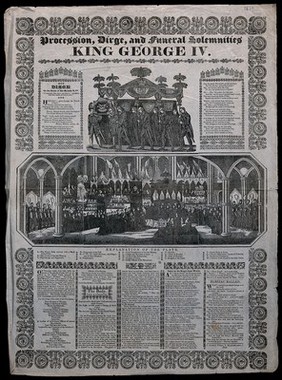 The funeral of King George IV. Wood engraving with letterpress, 1830.