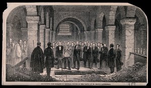 view The depositing of the remains of General Picton in the vault at St. Paul's Cathedral in London. Wood engraving, ca. 1859.