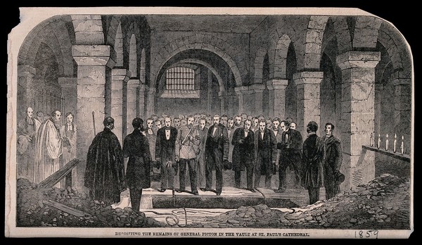 The depositing of the remains of General Picton in the vault at St. Paul's Cathedral in London. Wood engraving, ca. 1859.