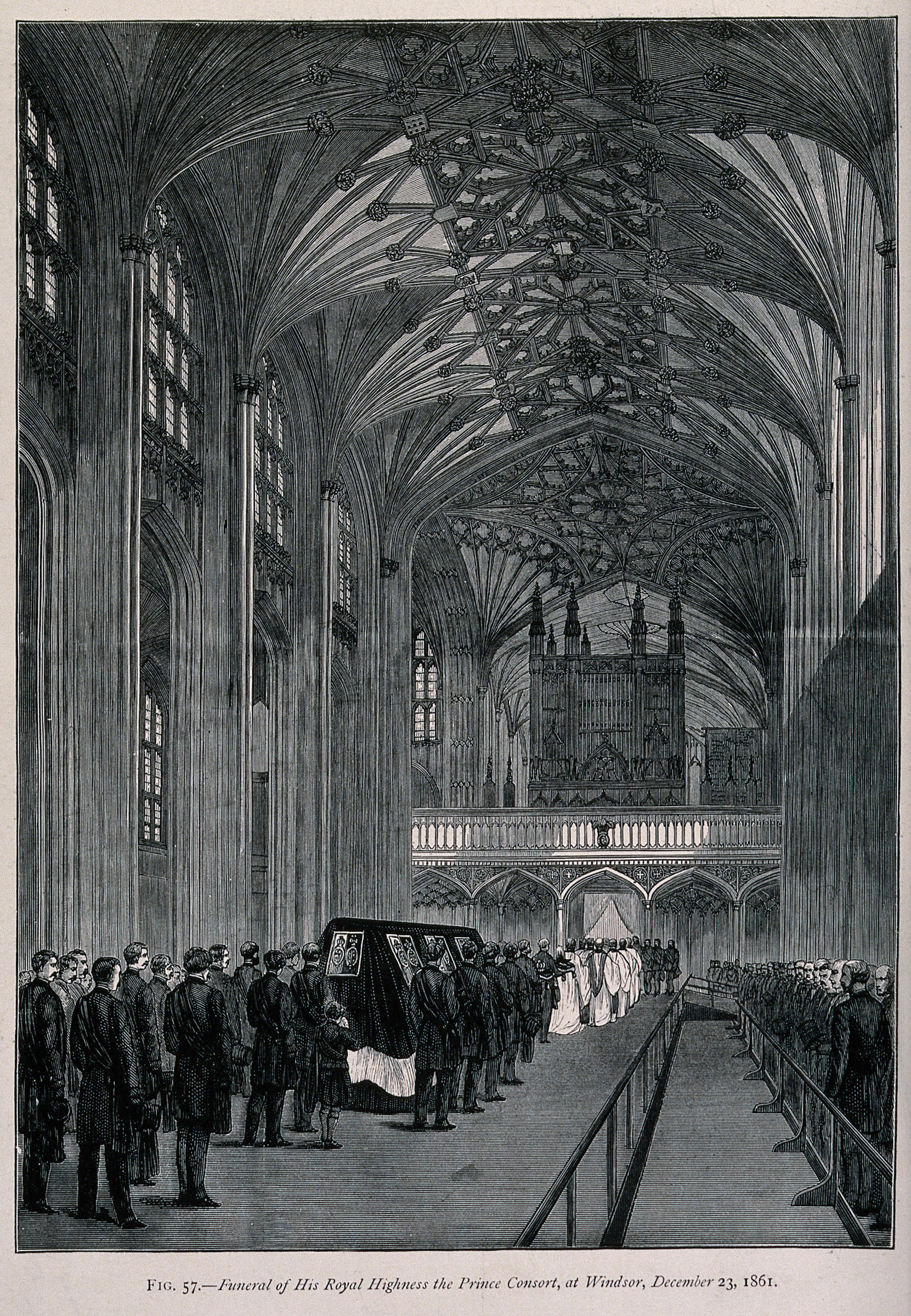 The funeral of Albert Prince Consort, in St George's Chapel, Windsor. Wood engraving, 1861.