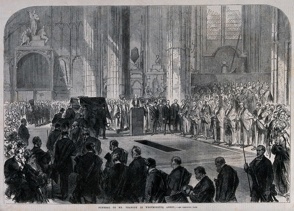 The funeral of Mr. Peabody in Westminster Abbey in 1869. Wood engraving, 1869.