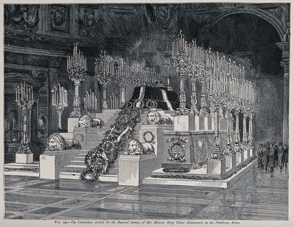 The catafalque erected for the funeral service of King Victor Emmmanuel, in the Pantheon, Rome, in 1878. Wood engraving.