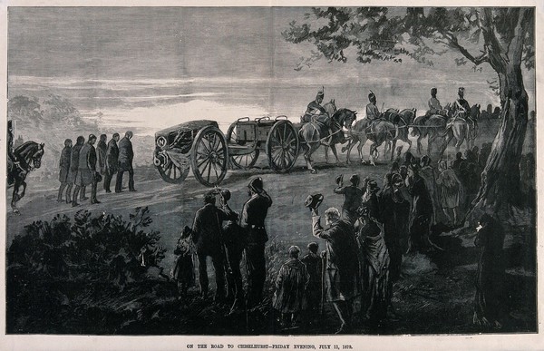 The transferral of the coffin of Napoleon III to Chiselhurst in 1878. Wood engraving, ca. 1878.