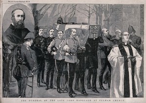 view Funeral of Lord Ranelagh at Fulham Church in London in 1885. Wood engraving, ca. 1885.