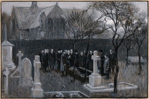 view The funeral of Sir Hector MacDonald in Edinburgh. Gouache drawing by F. C. Dickinson after J. Faulds.