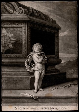 Cupid standing next to a tomb weeping and mourning the death of Queen Mary II. Mezzotint by J. Smith after G. Kneller, ca. 1695.