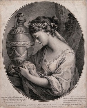 view A young woman grieving and embracing an urn. Stipple engraving by W.W. Ryland after A. Kauffman, 1774.