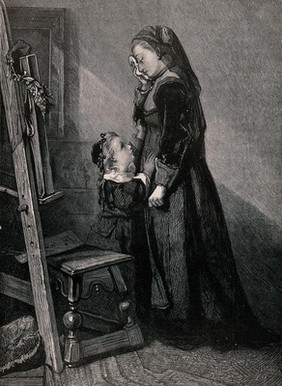 A grieving widow consoled by her young daughter; both standing before a picture propped up on an easel. Wood engraving by Horace Harral.