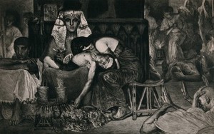 view An Egyptian father holding the body of his dead young son in his lap while the mother of the boy buries her head in his lap. Etching by A. Mongin after a painting by Sir Lawrence Alma-Tadema.