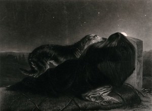 view A young woman wearing a veil and black clothing mourning at a tombstone, with her dog attending on her. Mezzotint by H. Quilley after a painting by C. Hancock, 1836.