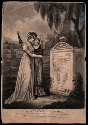 Two young ladies contemplating a tombstone in a graveyard. Mezzotint with engraving, 1803.