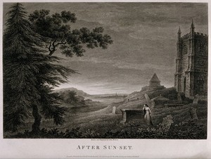 view A distressed woman leaning on a tombstone in a deserted graveyard. Etching with engraving by John Browne.