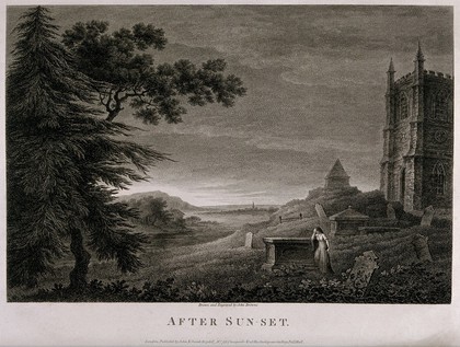 A distressed woman leaning on a tombstone in a deserted graveyard. Etching with engraving by John Browne.