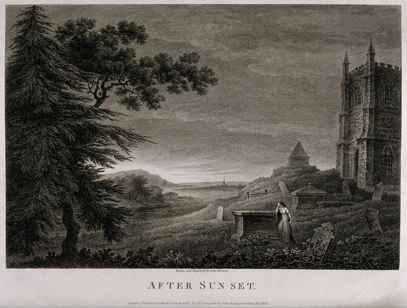 A distressed woman leaning on a tombstone in a deserted graveyard. Etching with engraving by John Browne., by John Browne