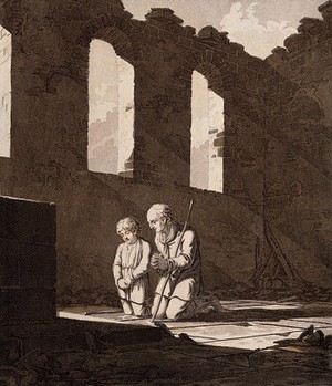 view An old man and a boy kneeling before a tombstone in a dilapidated ruin. Line engraving with etching.