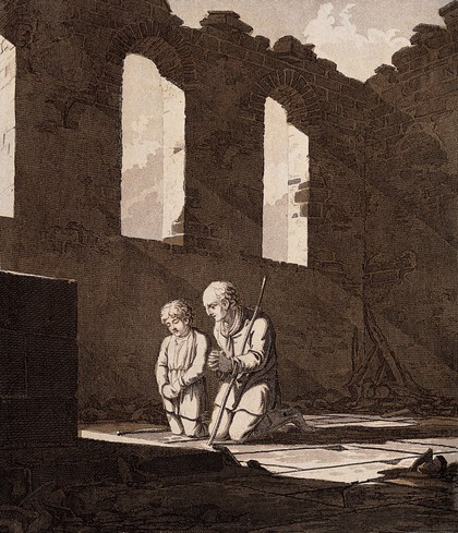 An old man and a boy kneeling before a tombstone in a dilapidated ruin. Line engraving with etching.