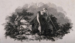 view A distressed young woman leaning on a dilapidated wall in a graveyard. Etching with engraving.