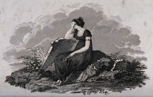 view A distressed young woman leaning on a tombstone in a graveyard. Etching with engraving.