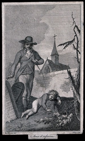 view A man and a boy contemplating gravestones in a cemetery. Line engraving by J.M. Delattre after J.H. Ramberg.