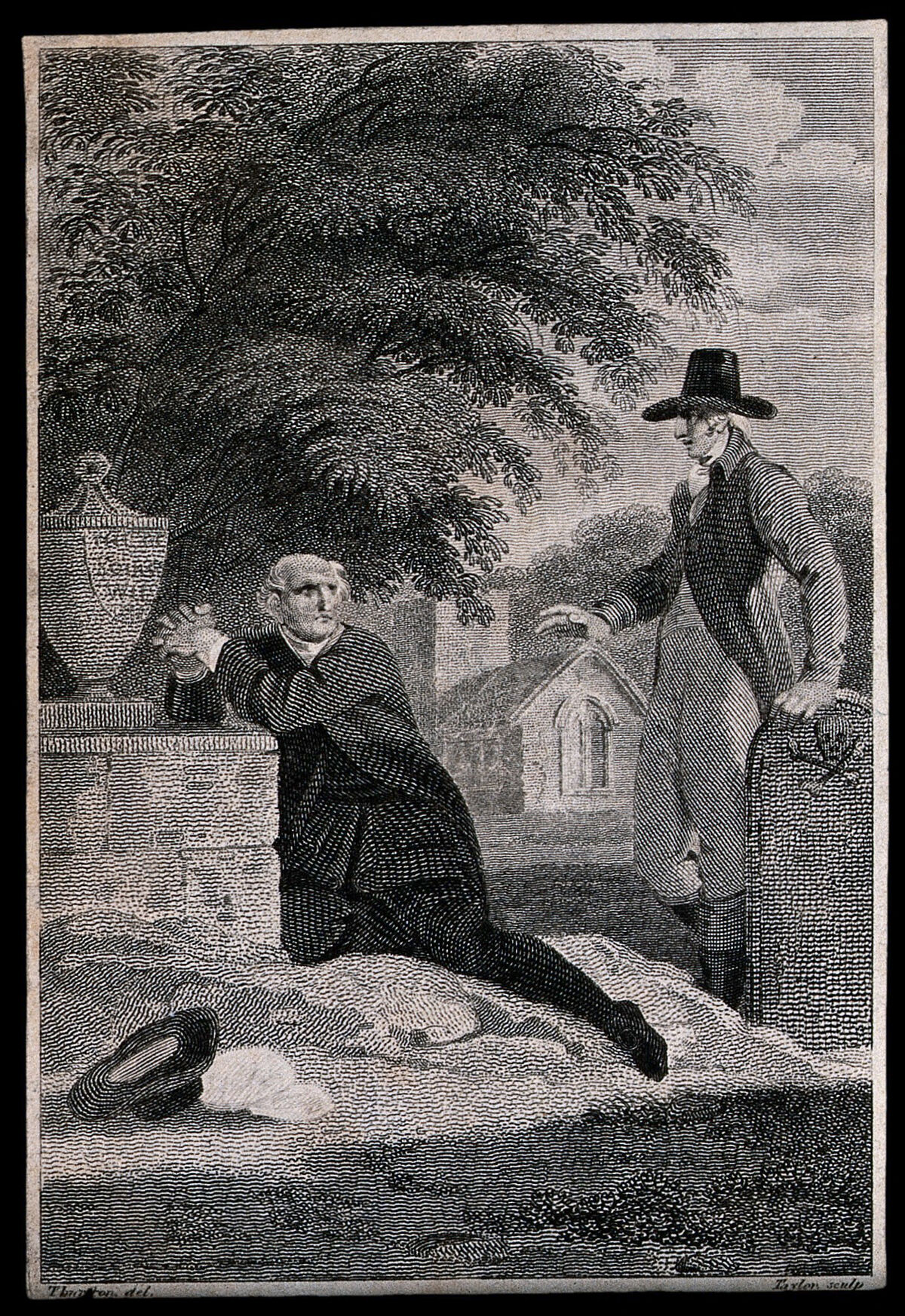 A man kneeling and praying at a tomb in a cemetery is joined by another gentleman. Line engraving by Taylor after J. Thurston., by John Thurston